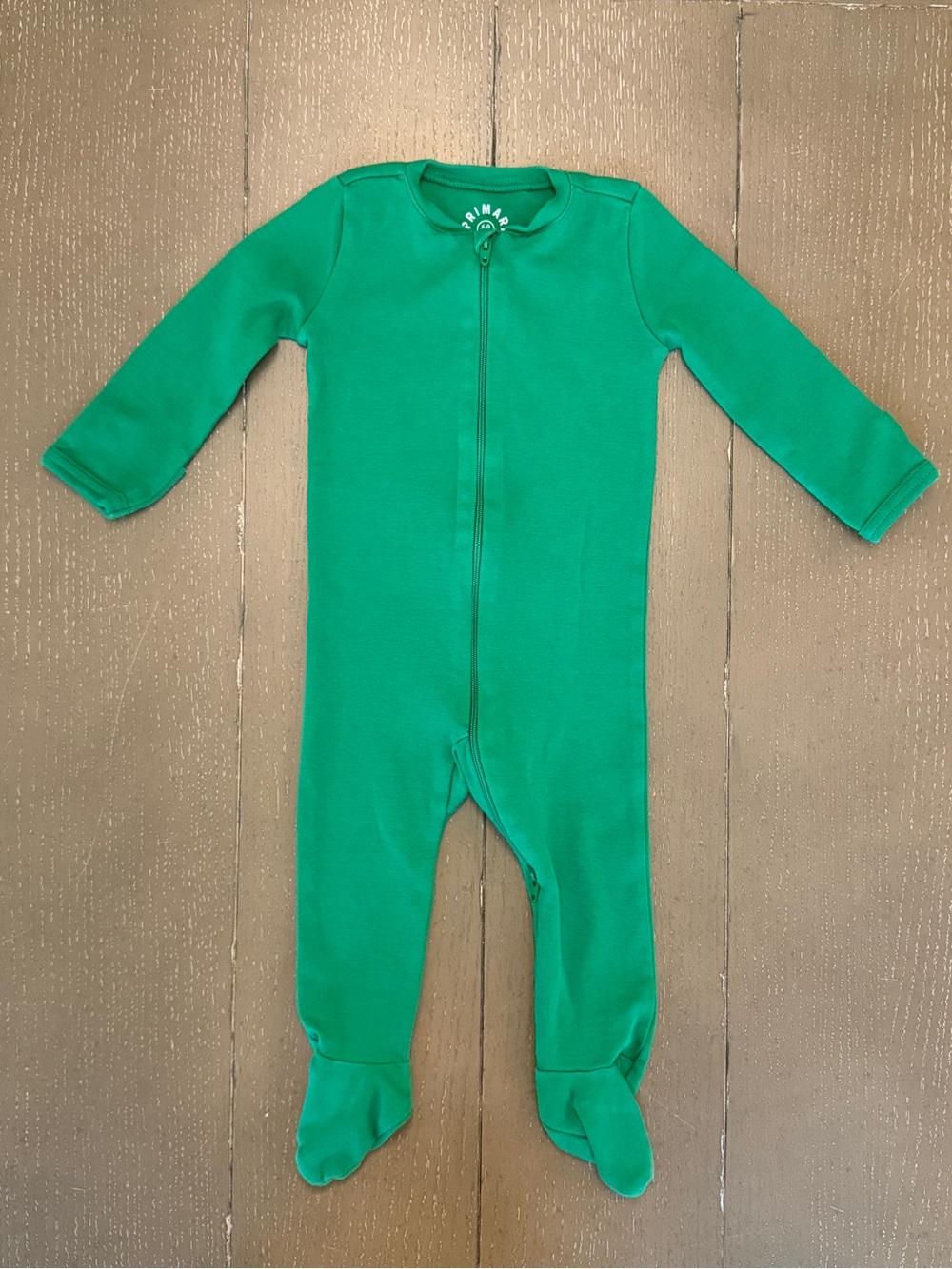 PRIMARY Baby Boys’ Green Long-Sleeve Organic Cotton Footed Onesie • Size 6-9M